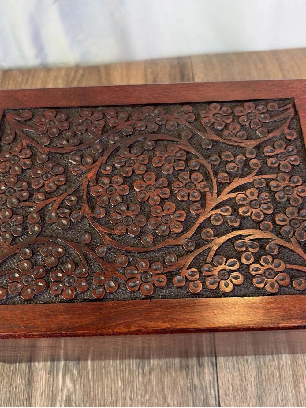 Hand-Carved Wooden Storage Box in Dark Brown